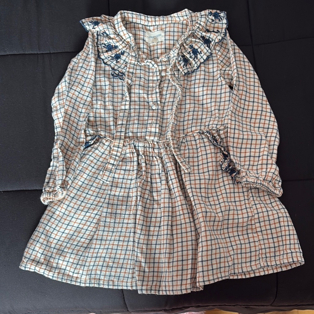 LOUIS LOUISE Plaid Ruffle Dress with Embroidered Details